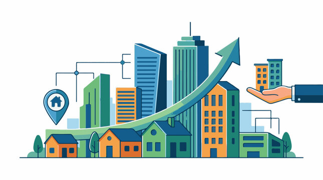Colorful cityscape with buildings, houses, and a growing trend arrow