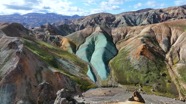 Aerial view of the colorful rhyolite mountains and volcanic landscapes of Landmannalaugar in Hella, Rangarthing ytra, Iceland.