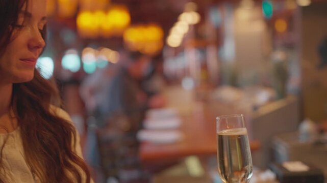 Woman with bracelet setting a champagne flute on a wooden oyster bar counter in a lively restaurant