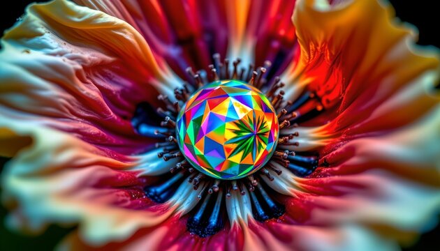 The image features a vibrant, multicolored sphere with geometric patterns at its center, creating a striking focal point