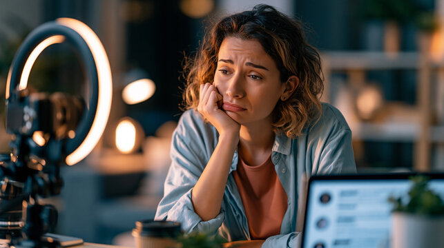 An anxious content creator sits before a glowing ring light and laptop during an online influencer scandal showing a damaged digital reputation