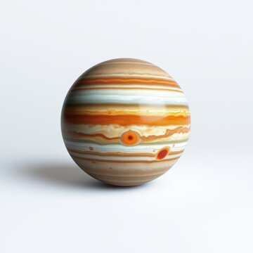 Planet Jupiter shown. Orange, beige, white bands visible. Great Red Spot prominent. Smooth surface, light shadow present.