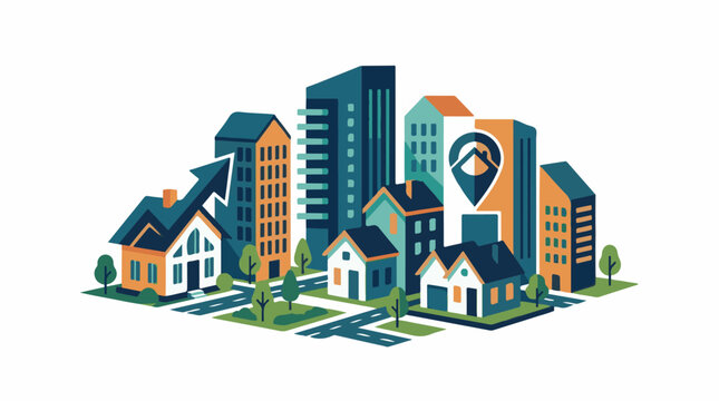 Colorful illustration of a city block with houses and skyscrapers