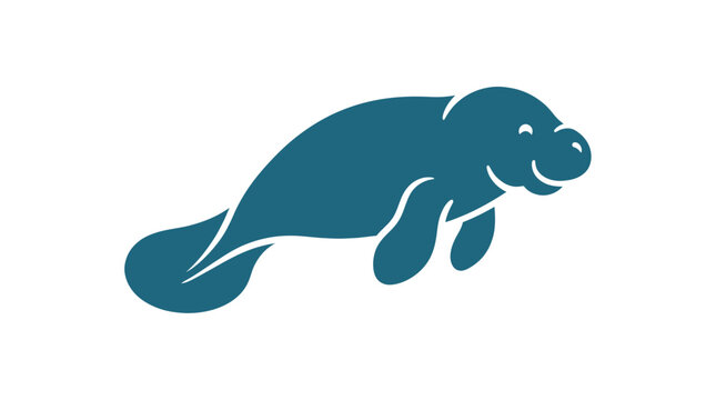 Cute Manatee Silhouette Icon, Sea Cow Animal Vector Illustration