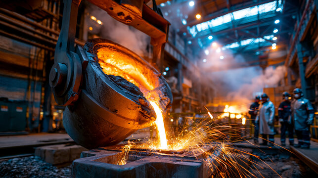 Dramatic steel mill interior with molten metal pouring from ladle into casting mold under intense orange glow and protective workers in gear