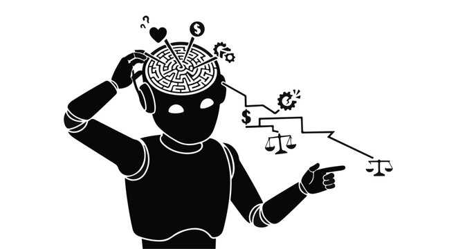 Robot head shows complex financial decision making and logical data analysis.