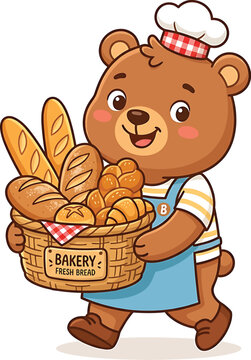 Vector illustration of cute cartoon bear baker holding a basket of fresh bread