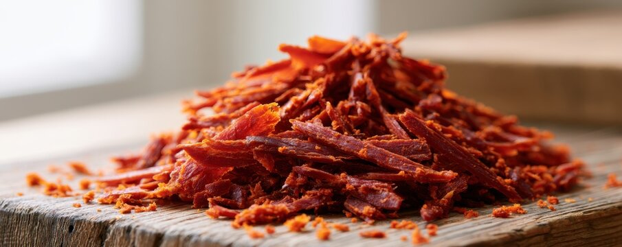 pile of thinly sliced spicy dried beef jerky pieces on  rustic wooden cutting board surface