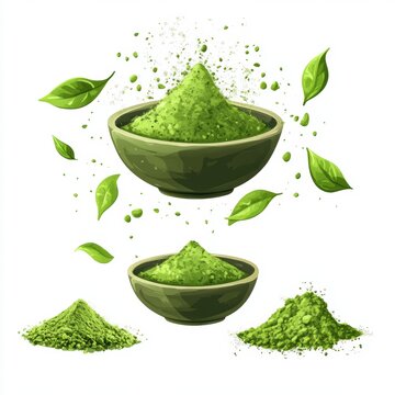 Matcha powder air isolated on white background,superfood powder,diet and healthy life,green tea powder,Japanese tea leaves,popular menu trendy, wellness concept.