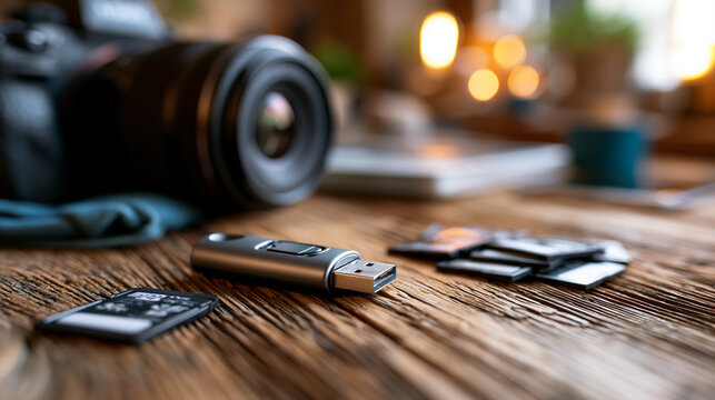 Close up of a photographer desk setup with USB flash drive and memory cards beside a camera, digital storage and backup workflow, premium photorealistic
