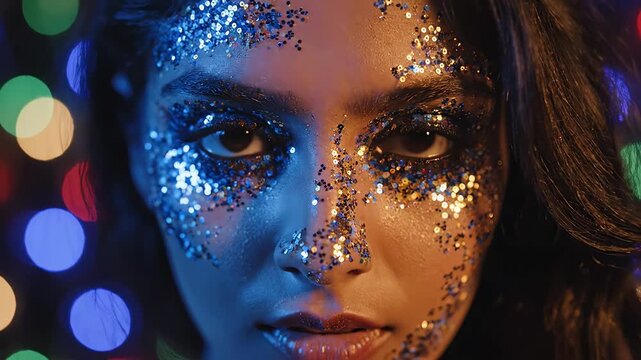 Woman with glitter face art against colorful lights