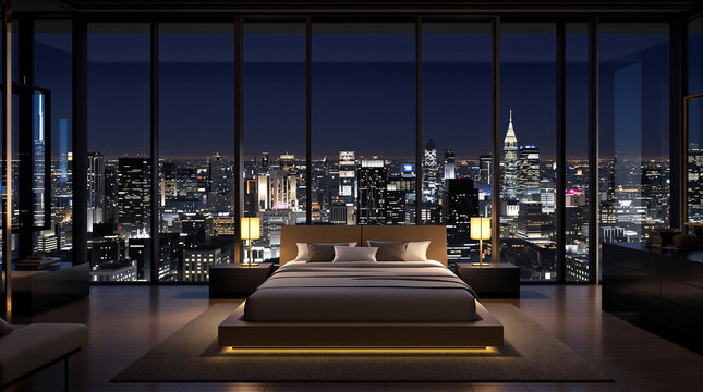 Modern penthouse bedroom overlooking the city skyline at night