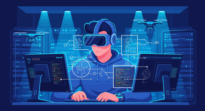 Person wearing virtual reality headset playing video games on computer.
