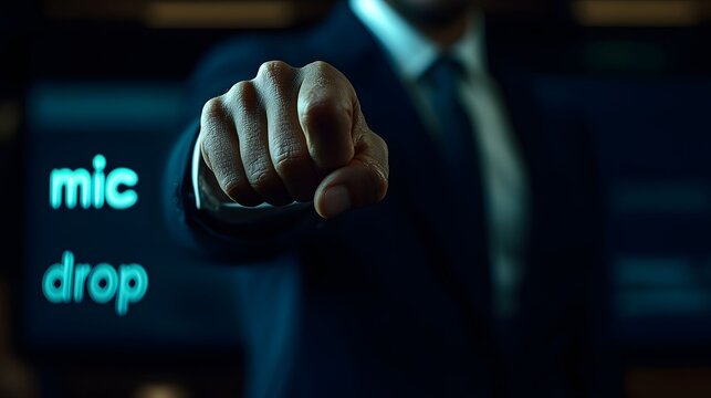 Business Professional Pointing at Virtual Microphone Drop Sign in Dark Setting