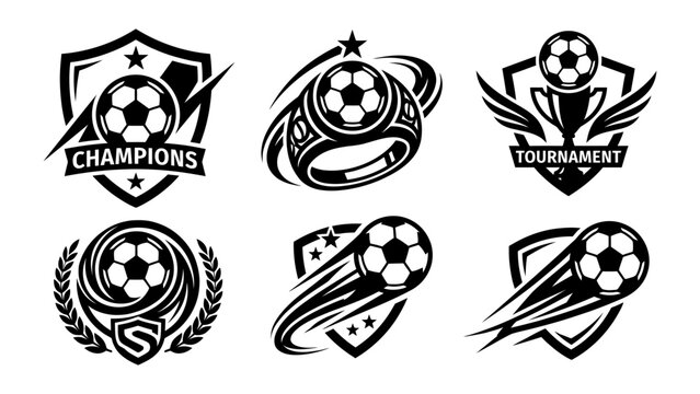 Soccer championship logo set with vector football emblems shields trophy and championship ring for sports tournament branding