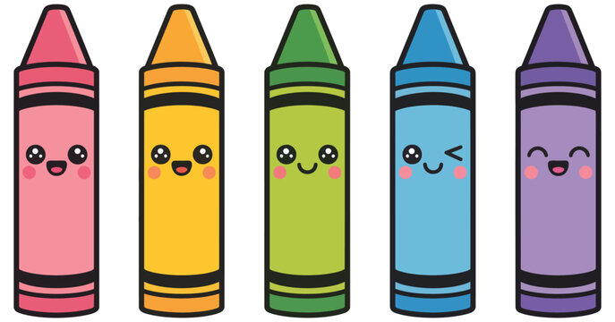Kawaii cartoon crayons clipart, colorful crayon characters in cute style vector illustration for kids school supplies, fun learning design, stationery branding, and educational graphics.