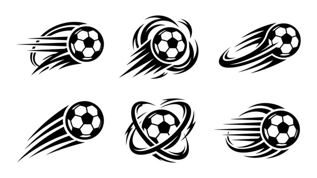 Soccer ball motion vector icons set with speed trails and dynamic swooshes for sports logo design
