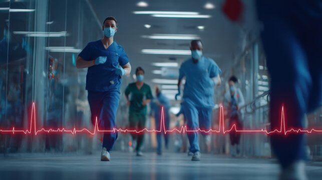 Medical personnel wearing face masks are seen running at high speed down a hospital corridor to assist an emergency patient. The patient's heartbeat is visible in the image.