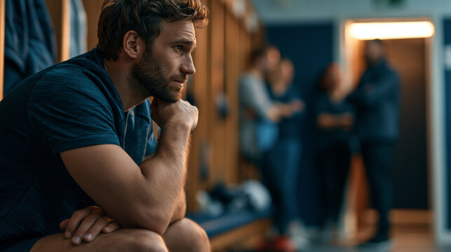 Sports scandal scene with an athlete sitting alone in a locker room as coaches argue in the hallway after a controversial postgame creating dramatic tension