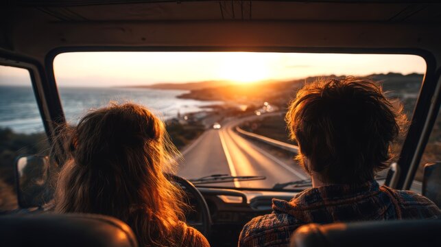 A young couple is peacefully driving along, watching the sunset from their car window, showing two travelers appreciating the scenery.