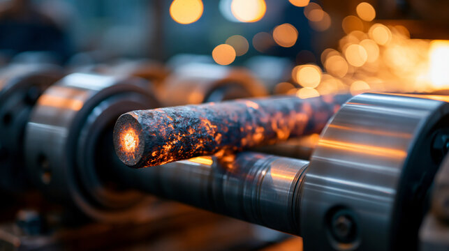 Close up of red hot metal billet shaped by industrial rollers in glowing metallurgical processing with precision and force