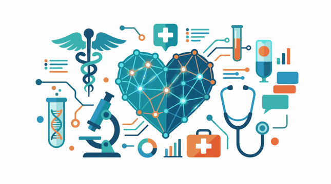 A stylized heart surrounded by medical symbols and icons