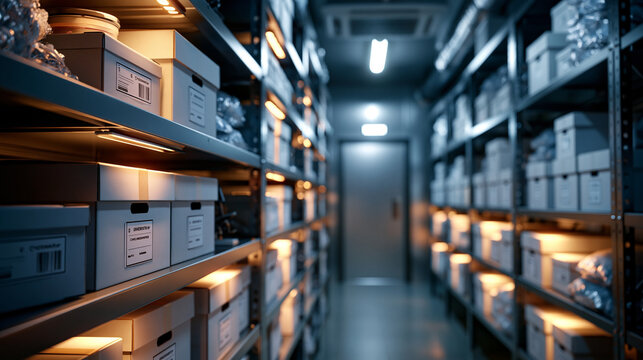 Long term coldroom archive in a laboratory with labeled boxes on organized shelves for freezing scientific sample preservation and data information