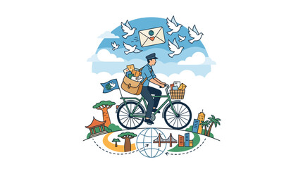 Obraz premium Courier riding bicycle delivering mail with flying doves and global landmarks