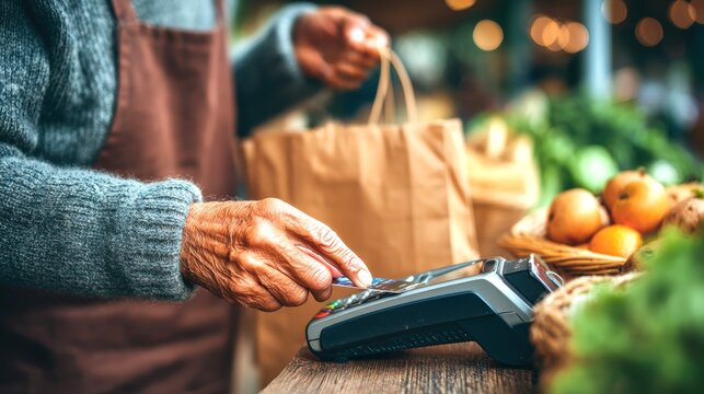 Shopper Making Payment Using Card Reader at Grocery Store with Fruits and Vegetables