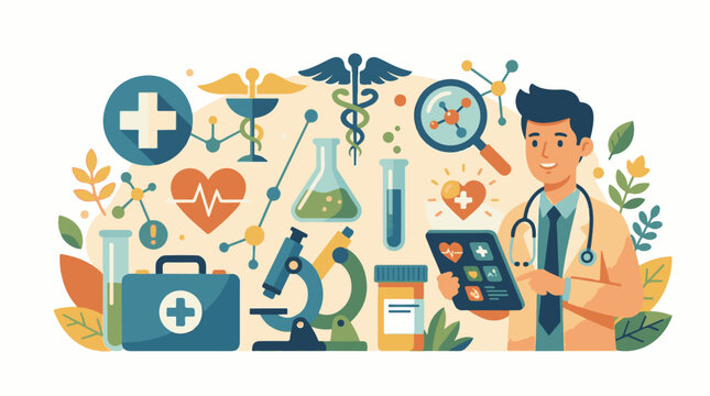 A doctor surrounded by medical symbols and equipment