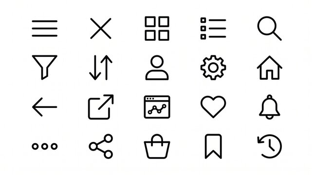 Versatile vector UI icon set for web and mobile application design, featuring twenty common user interface symbols including navigation, settings, and user actions