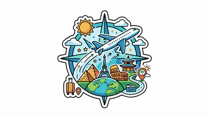 Obraz premium A colorful illustration of a plane flying over famous landmarks and the globe