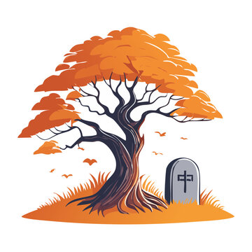 Autumn tree and gravestone vector illustration
