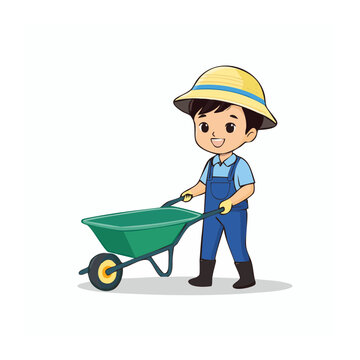 Cartoon boy pushing green wheelbarrow in flat style
