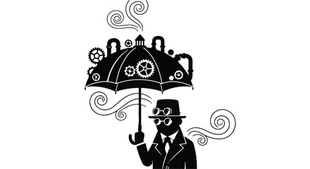 Fototapeta premium Steampunk gentleman holds a mechanical umbrella while walking in the city rain.