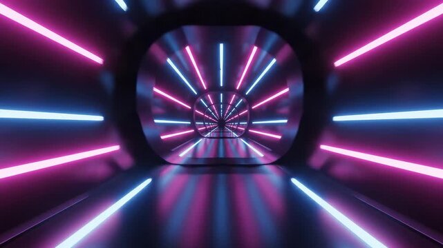 Neon light tunnel with blue and pink lines