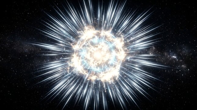 Bright glowing supernova explosion radiating intense white light waves through the dark vacuum of deep space creating a dramatic cosmic event with sharp rays of energy