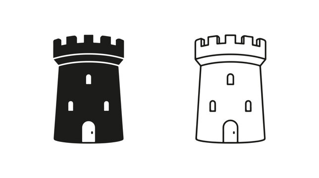 Medieval castle tower icons, minimalist fortress rook vector symbols, black silhouette and line art stone watchtower set for gaming and logos