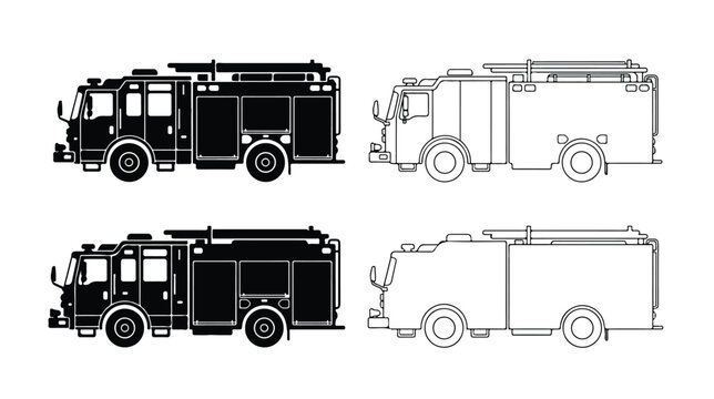 Fire truck vector icons set, emergency fire engine silhouettes and line art, 4 professional firefighting vehicle illustrations for safety design