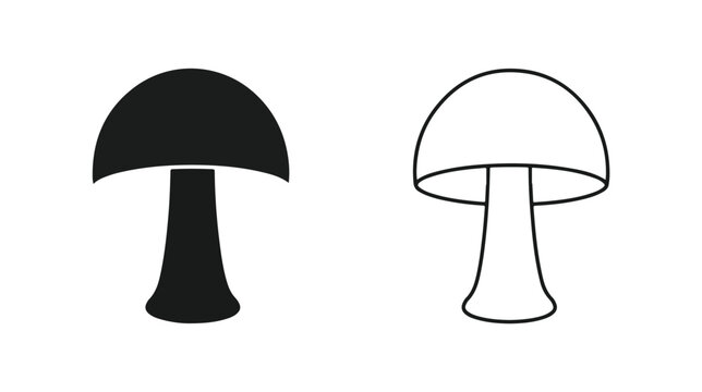 Minimalist mushroom vector icons, black silhouette and outline fungi symbols, simple forest plant graphics for web and print design