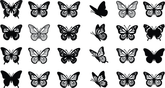 Black Butterfly Icon Set Featuring Detailed Wing Patterns Monarch Silhouettes and Side Profile Insects for Decorative Graphic Vector Designs