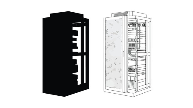Data center server rack vector icons, network hardware equipment silhouette and line art, professional IT infrastructure hosting cabinet