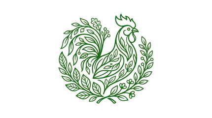 Green botanical rooster emblem with leaf wreath © Wagi