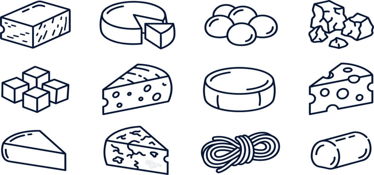Cheese Types and Dairy Product Outline Icon Set Featuring Feta, Swiss, Mozzarella, and String Cheese Varieties for Restaurant Menu Designs