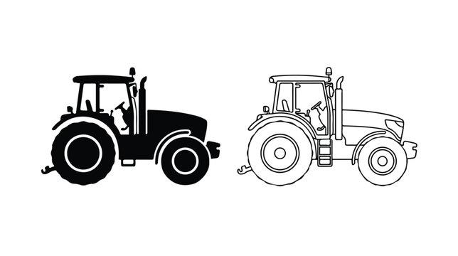 Modern farm tractor silhouette and line art vector, agricultural machinery icons for farming industry, heavy equipment vehicle set on white background