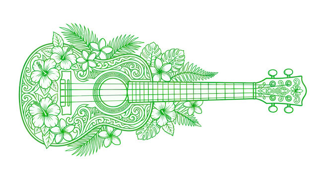 Ornate ukulele decorated with tropical hibiscus flowers and palm leaves