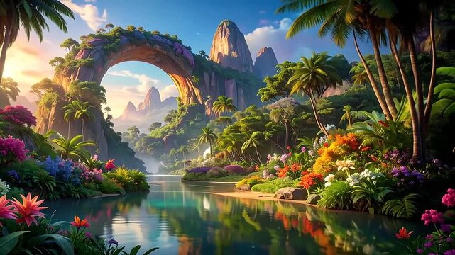 A vibrant tropical paradise features a massive stone arch over a calm river at sunset