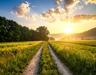 Naklejka premium A sunlit country scene, golden hour, where a path cuts through a green field toward the bright sun with clouds