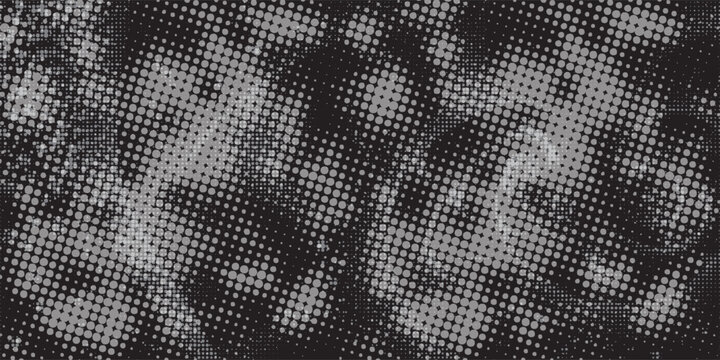 Abstract black and white halftone background with dense dot clusters and grunge texture, creating a bold and dynamic design.