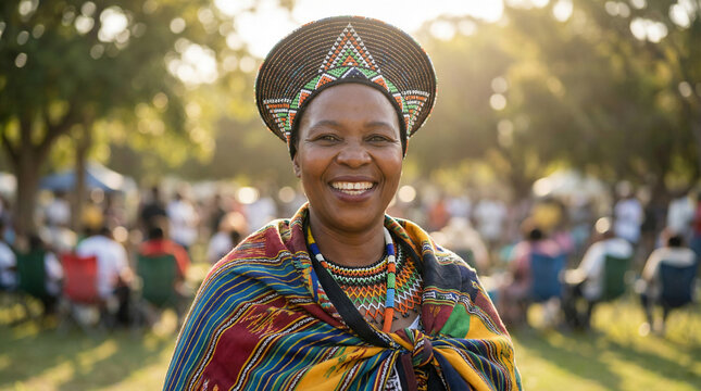 Happy South African woman wearing traditional Zulu isicholo hat and colorful beaded jewelry at outdoor festival